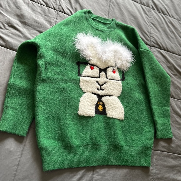 None Sweaters - X’mas Vibe Green Sweater with Bunny Design